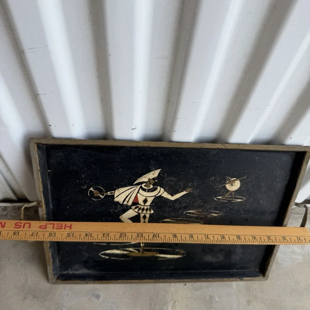 Vintage Art Deco Serving Tray Metal Hand Painted Pierrot Harlequin Dancer 1930s